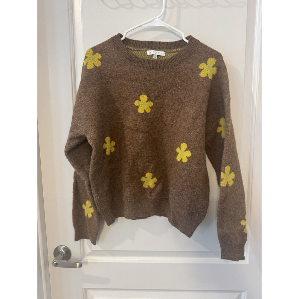 HYFVE Sweater Womens Medium Daisy Floral Crew Neck Knit Pullover Casual